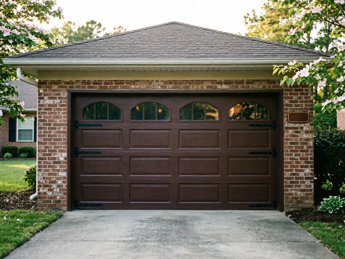 A brown garage door with arched windows and decorative hardware on a brick house.