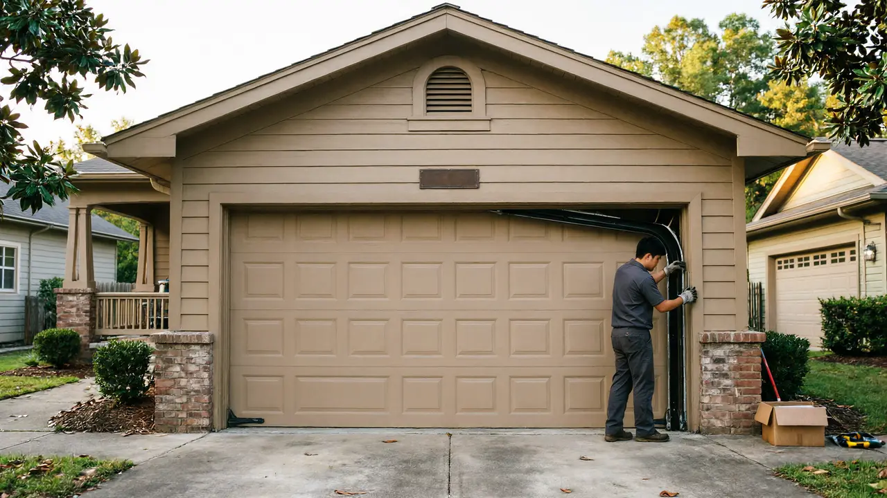 A technician works on the open garage door of a tan house.