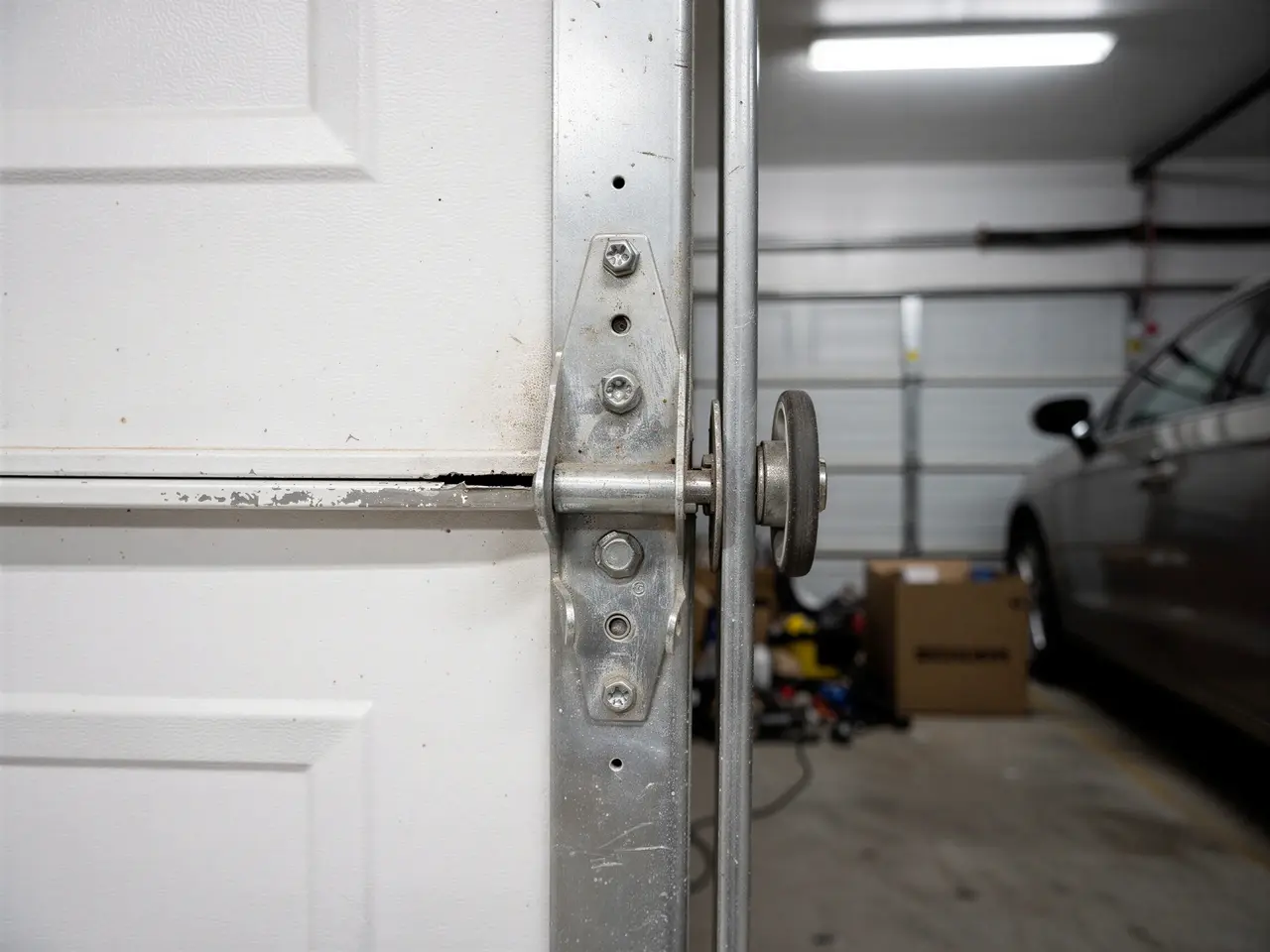 A garage door hinge and roller are attached to a white garage door.