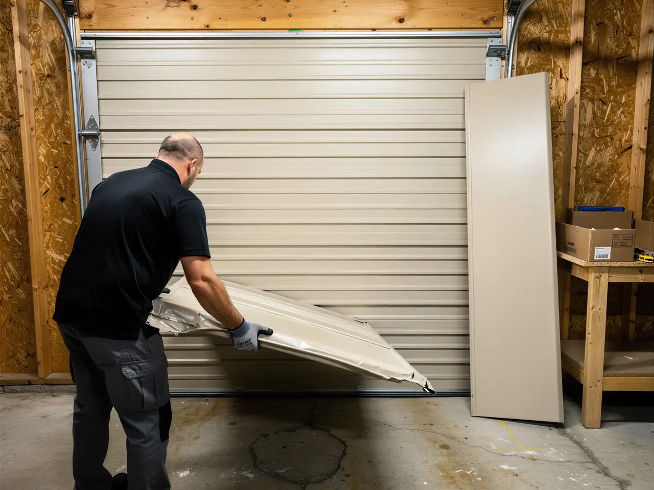 A technician is installing a new tan garage door panel.