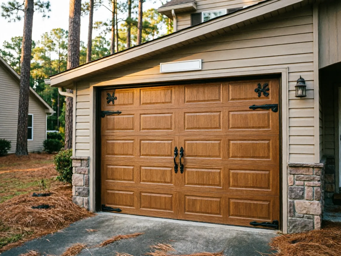 The house has a brown garage door with decorative black hardware.